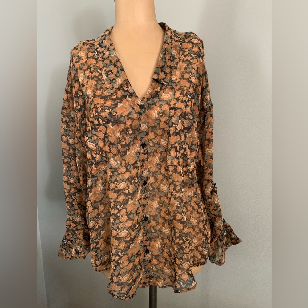 Free People Brown Floral High Low Boho Shirt bottom up M